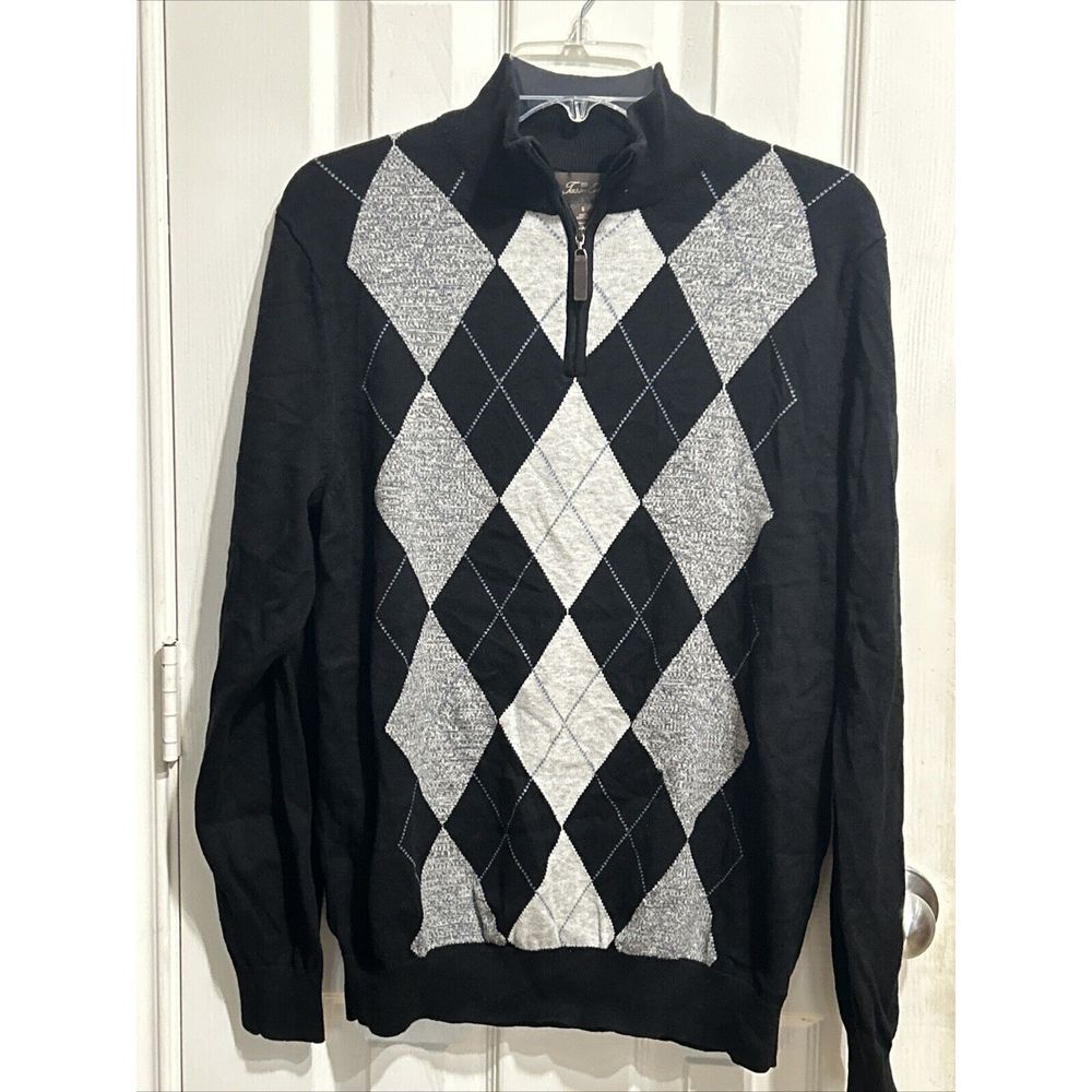 Tasso Ella Black Gray Argyle Cotton Sweater Long Sleeve Men's S 1/4‎ Zip